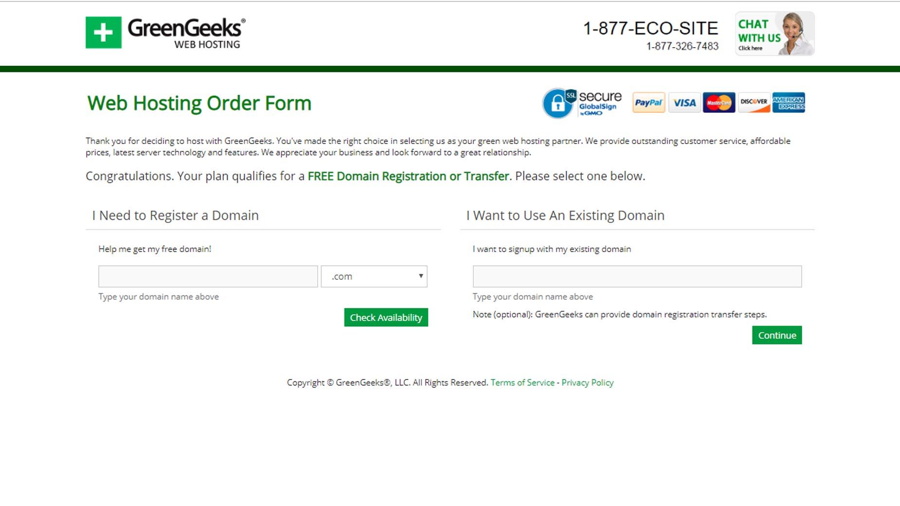 Ingresa el dominio deseado en el registro de GreenGeeks