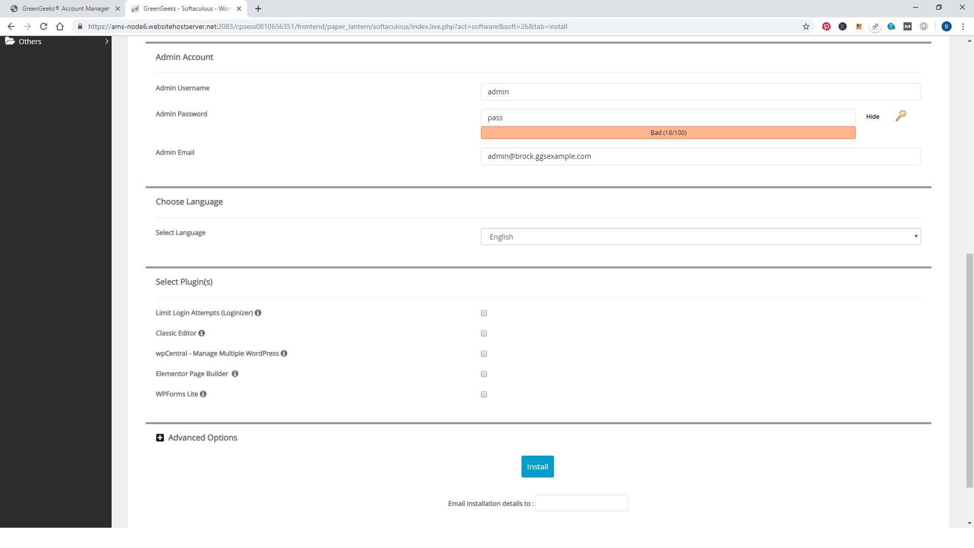Sección Cuenta de Administrador en la instalación de WordPress