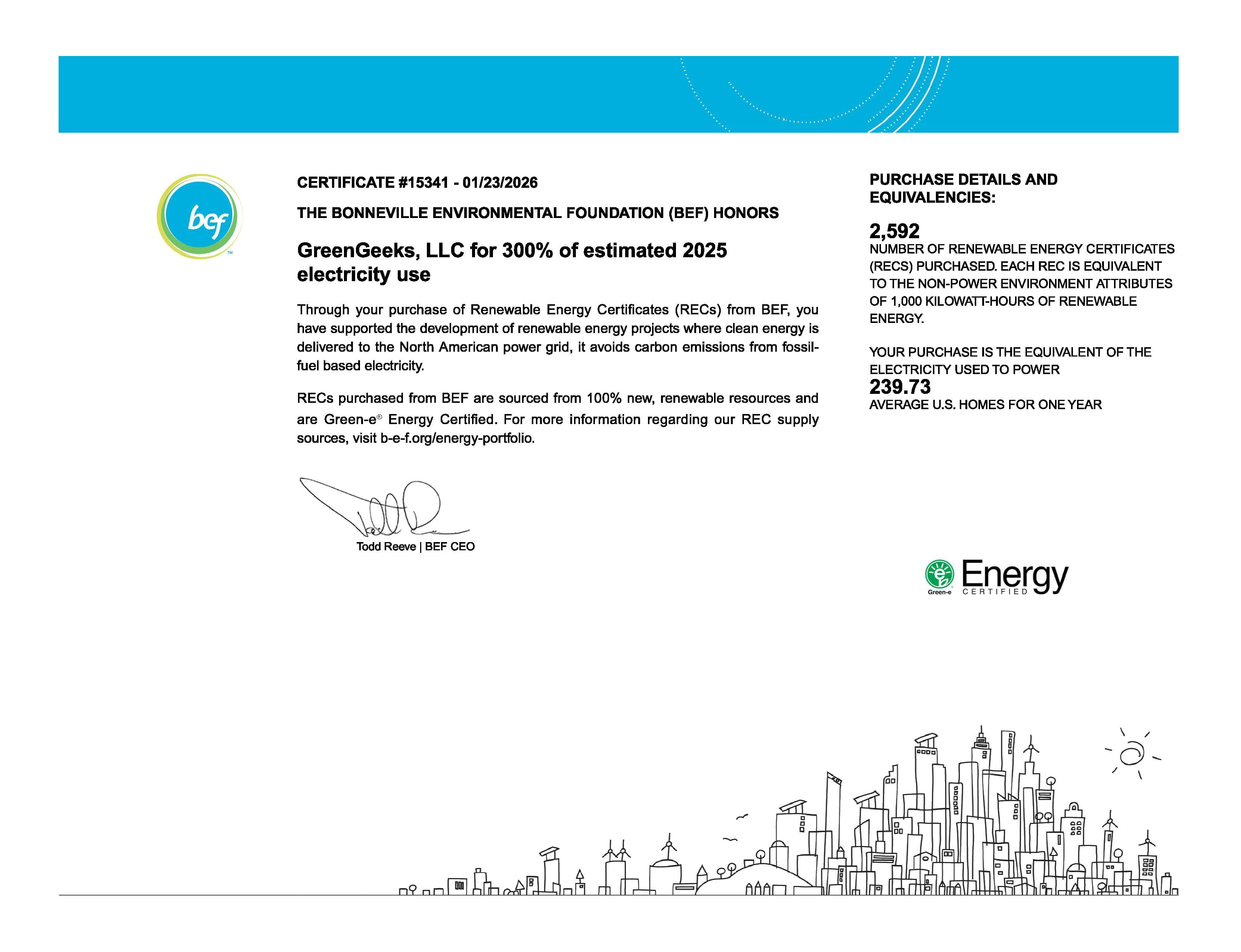 Certificado de Energía Renovable de GreenGeeks emitido por la Bonneville Environmental Foundation