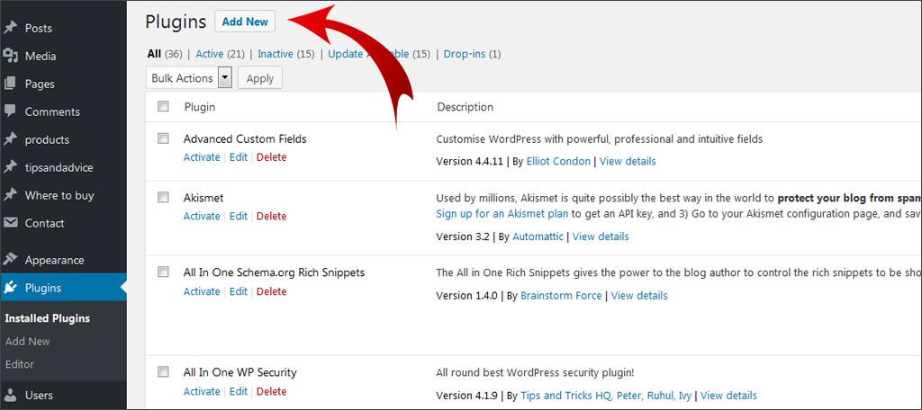 Navega a Plugins y haz clic en Añadir nuevo