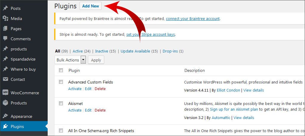 Ve a Plugins y haz clic en Añadir nuevo