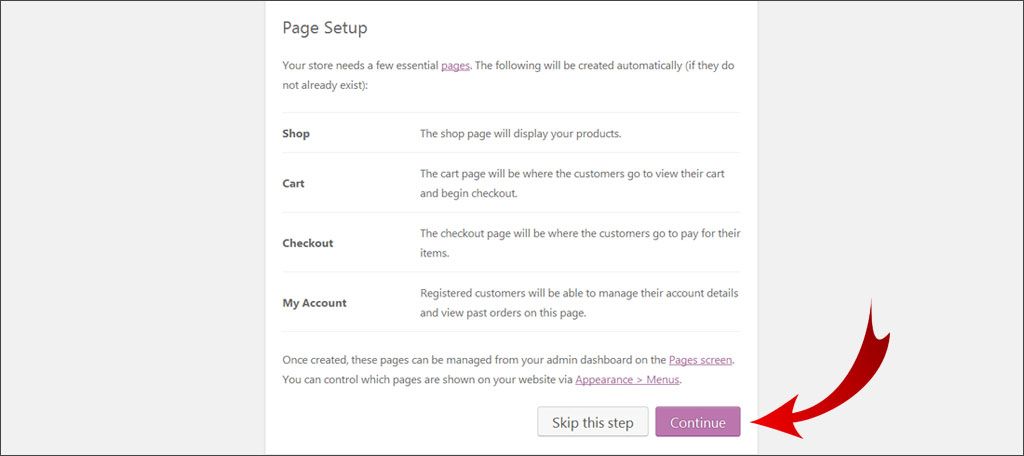 Revisa las páginas que crea WooCommerce y haz clic en Continuar