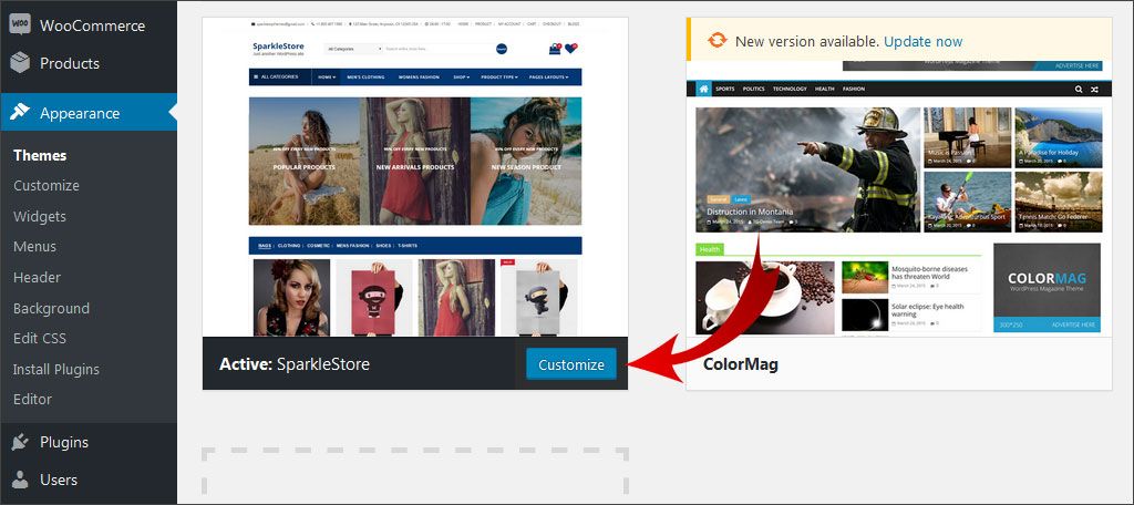 Activa el tema y haz clic en Personalizar