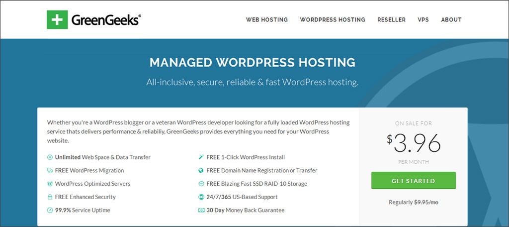 Haz clic en Comenzar en el Hosting WordPress de GreenGeeks