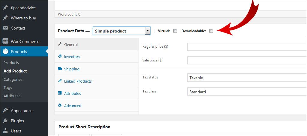 Opciones de producto virtual y descargable